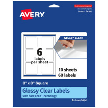 Avery glanzende heldere vierkante labels met zeker feed 3 """" x 3 """" 60 glanzende heldere labels print-to-the-edge laser/inkjet afdrukbare labels