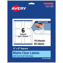 Avery Matte Clear Square Labels with Sure Feed  3"""" x 3""""  60 Matte Clear Labels  Print-to-The-Edge  Laser/Inkjet Printable Labels