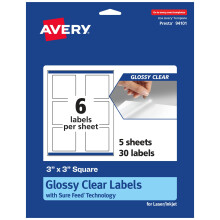 Avery glanzende transparante vierkante etiketten met Sure Feed 3"""" x 3"""" 30 glanzende transparante etiketten Print-tot-de-rand Laser/Inkjet afdru