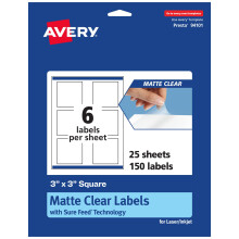 AVERY Matte Clear Square Labels  3"""" x 3""""  150 Labels  Print-to-The-Edge  Laser/Inkjet Printable