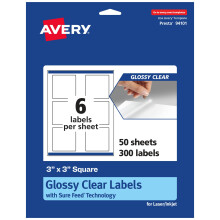 Avery glanzende heldere vierkante labels met Sure Feed 3 """" X 3 """" 300 Glossy Clear Labels print-to-the-edge laser/inkjet afdrukbare labels