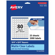 Avery Matte Clear Square Labels with Sure Feed  3/4"""" x 3/4""""  2 000 Matte Clear Labels  Print-to-The-Edge  Laser/Inkjet Printable Labels