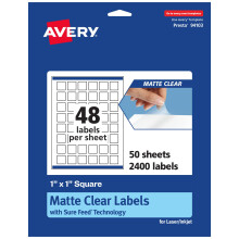 Avery Matte Clear Square Labels with Sure Feed  1"""" x 1""""  2 400 Matte Clear Labels  Print-to-The-Edge  Laser/Inkjet Printable Labels