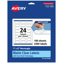 Avery Matte Clear Rectangle Labels with Sure Feed  1"""" x 2""""  2 400 Matte Clear Labels  Print-to-the-Edge  Laser/Inkjet Printable Labels
