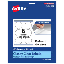 Avery glänzende, transparente, runde Etiketten mit sicherem Vorschub, 7,6 cm Durchmesser, 300 glänzende, transparente Etiketten, randlos bedruckbare