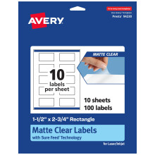 Avery Matte Clear Rectangle Labels with Sure Feed  1.5"""" x 2.75""""  100 Matte Clear Labels  Print-to-The-Edge  Laser/Inkjet Printable Labels