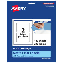 Avery Matte Clear Rectangle Labels with Sure Feed  4"""" x 6""""  200 Matte Clear Labels  Print-to-The-Edge  Laser/Inkjet Printable Labels