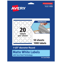 Avery TrueBlock Matte White Round Stickers  1.5"""" Diameter  1 000 Labels  Print-to-The-Edge  Laser/Inkjet Printable