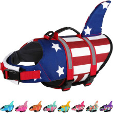 Dogcheer Hunde-Schwimmweste, Hai-amerikanische Flagge, Hunde-Schwimmweste mit reflektierenden Streifen und Rettungsgriff, verstellbar, hoher Auftrieb