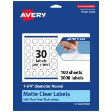 Avery Matte Clear Round Labels with Sure Feed  1.25"""" Diameter  3 000 Matte Clear Labels  Print-to-The-Edge  Laser/Inkjet Printable Labels
