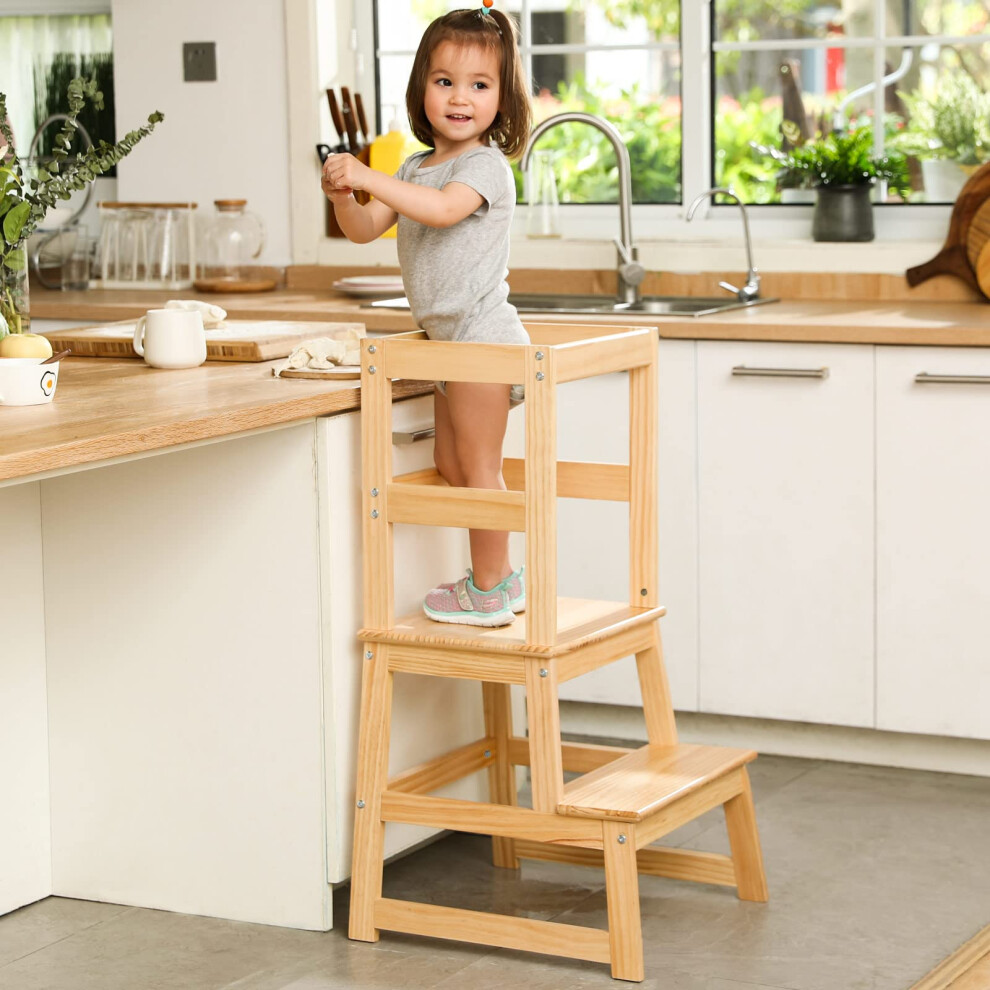 Kids Kitchen Step Stool for Kids with Safety Rail Solid Wood Construction Toddler Learning Stool  Montessori Toddlers Kitchen Stool Tower(Natural)-image-OPC-PFKZKXT-NEW