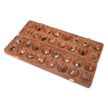 Ajuny Wooden Mancala Board Game Set - Large Folding Board with Multicolor Stones Ideal for Family Night Portable Travel Fun Classic Table Game for A
