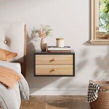 (Light Oak+Black) Wall Mounted Floating Bedside Table