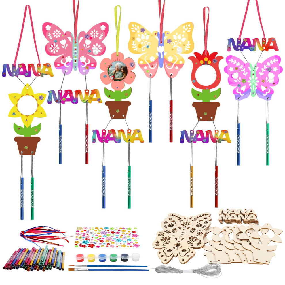 Fennoral 12 Pack Butterfly Flower Wind Chime Kit For Kids Make You Own Grandm-Mot Wind Chime Coloring Art En Bois Et Artisanat Pour Grand-M Re De-image