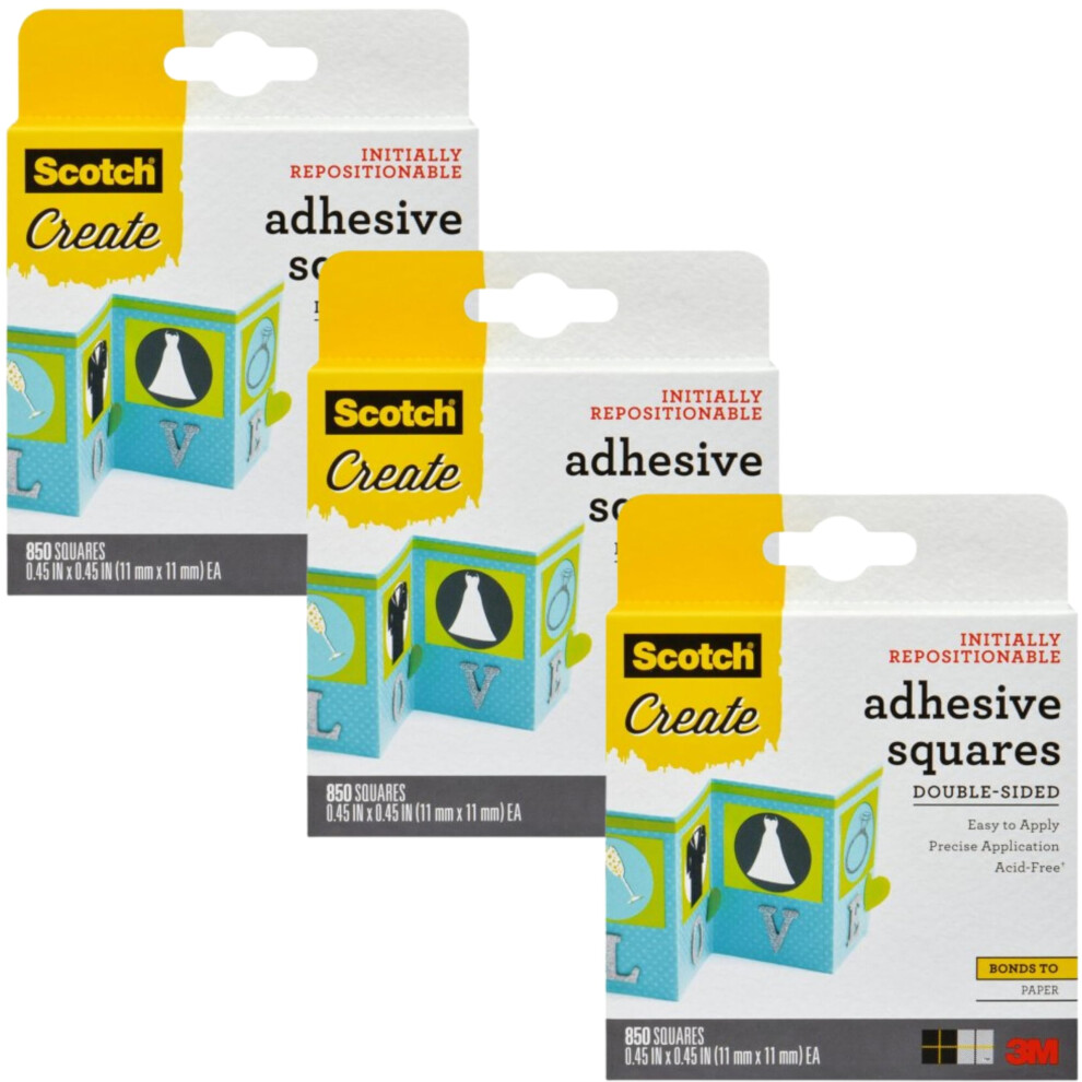 Scotch Adhesive Squares Double-Sided 0.45-Inch Removable - Clear Mounting Tape for Indoor & Outdoor - 3 Pack