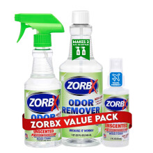 ZORBX Unscented Multipurpose Odor Eliminator Value Pack 2 Oz + 16 Oz + 32 Oz - Used in Hospitals & Healthcare Facilities - Advanced Trusted Formu
