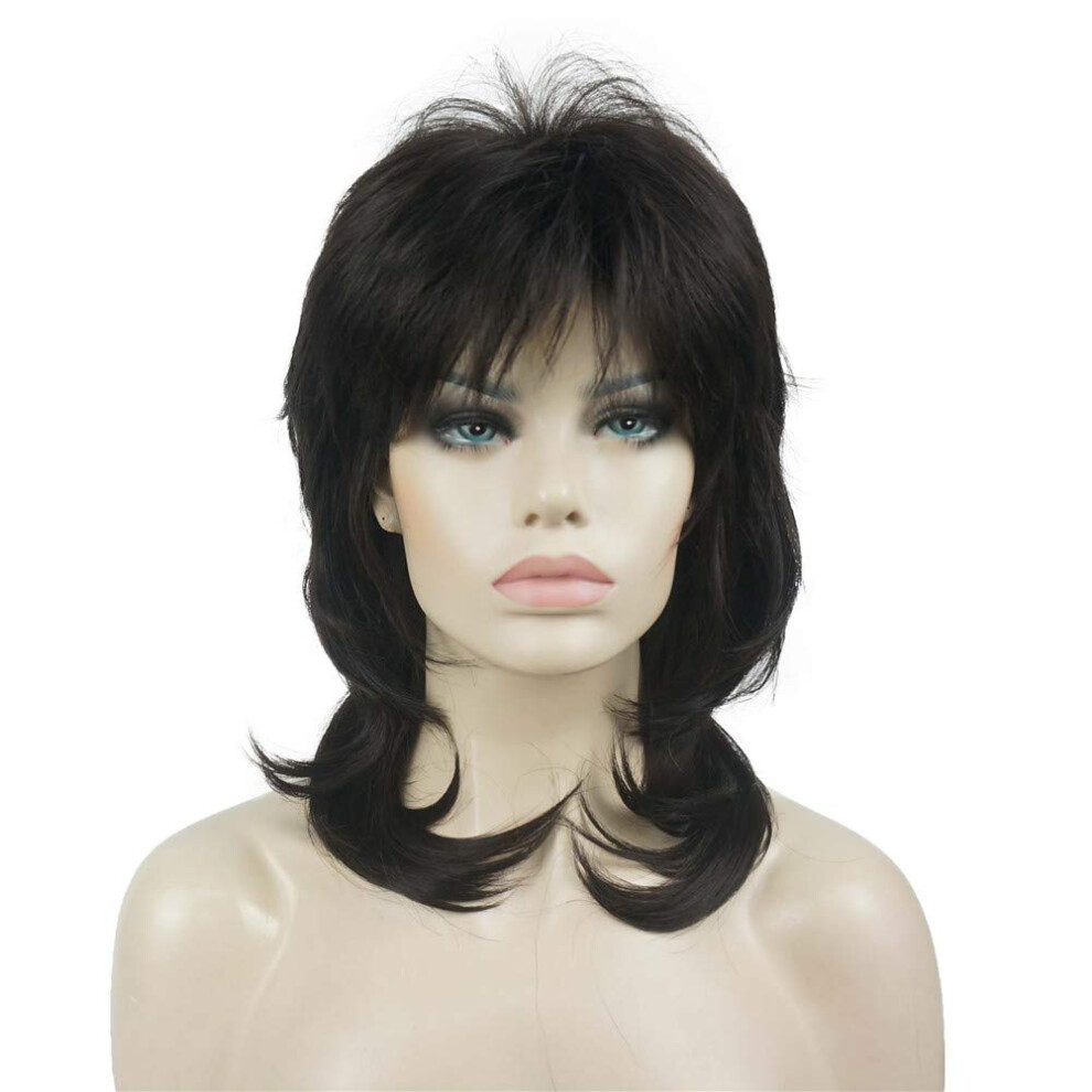 Aimole Unisex Brown Shaggy Layered Wig Shoulder Length Women's Wig With Hair Bangs Premium Synthetic Hair Wig For Women (4-Dark )