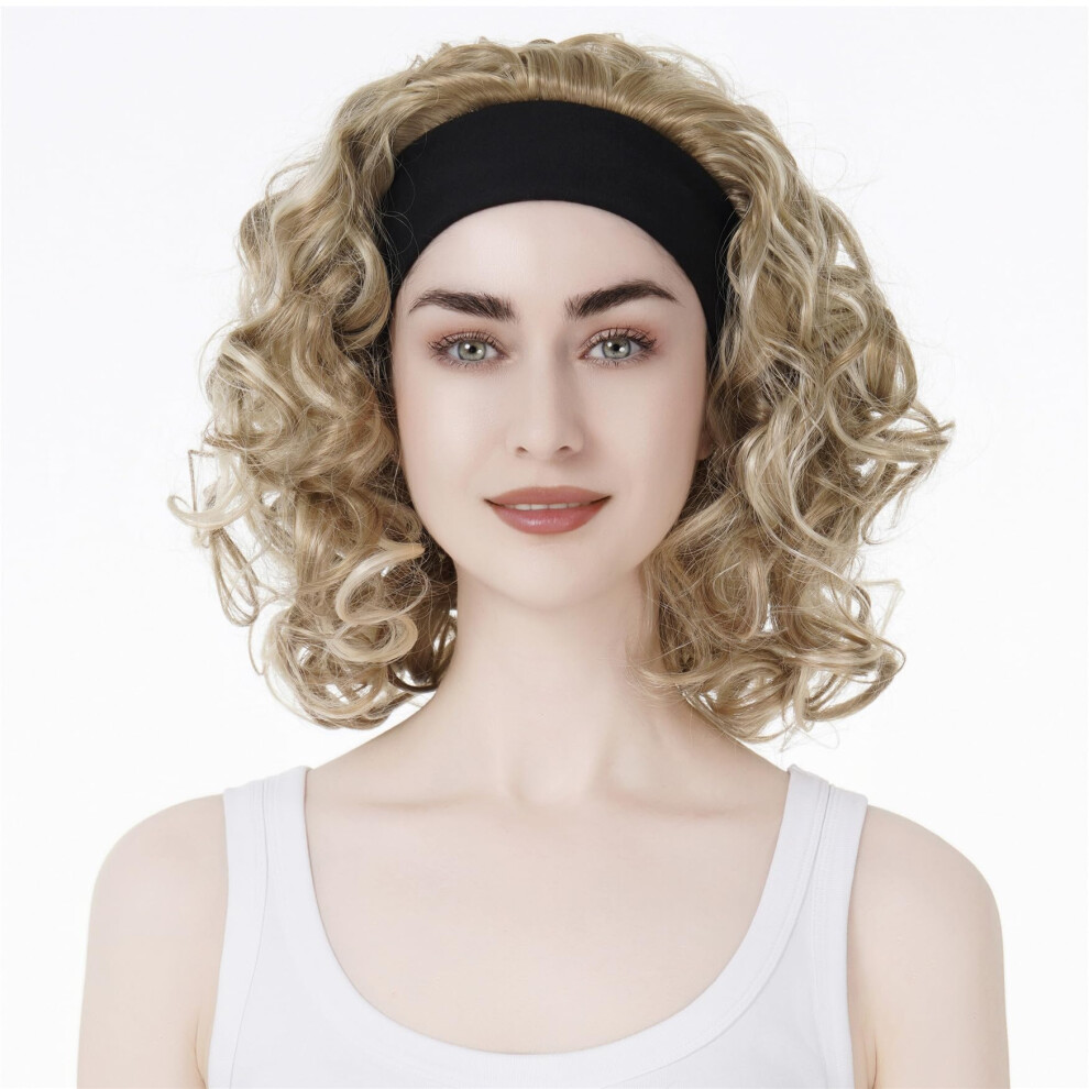 Aimole Unisex Black 16 Inches Short Curly Hair Wigs Women's Wig 3/4 Half Wig With Headband (L16-613)