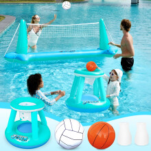 JOYIN XL opblaasbaar zwembadvlotterset 125'' volleybalnet en basketbalringen extra groot drijvend zwemspeelgoed voor kinderen en volwassenen zome