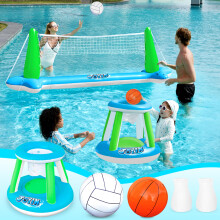 JOYIN Opblaasbaar volleybalnet en basketbalringen Zwembadvlotterset; Ballen inbegrepen voor kinderen en volwassenen Zomer Zwembadspel Floaties Vo