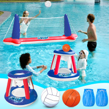 JOYIN Opblaasbaar zwembadvlotterset Volleybalnet en basketbalhoepels Ballen inbegrepen voor kinderen en volwassenen Zwemspeelgoed Zomervlotters V