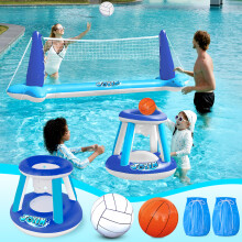 Joyin opblaasbaar volleybal net & basketbal hoepels zwembad float set; Ballen inbegrepen voor kinderen/volwassenen die een zwembadspel opsommen z