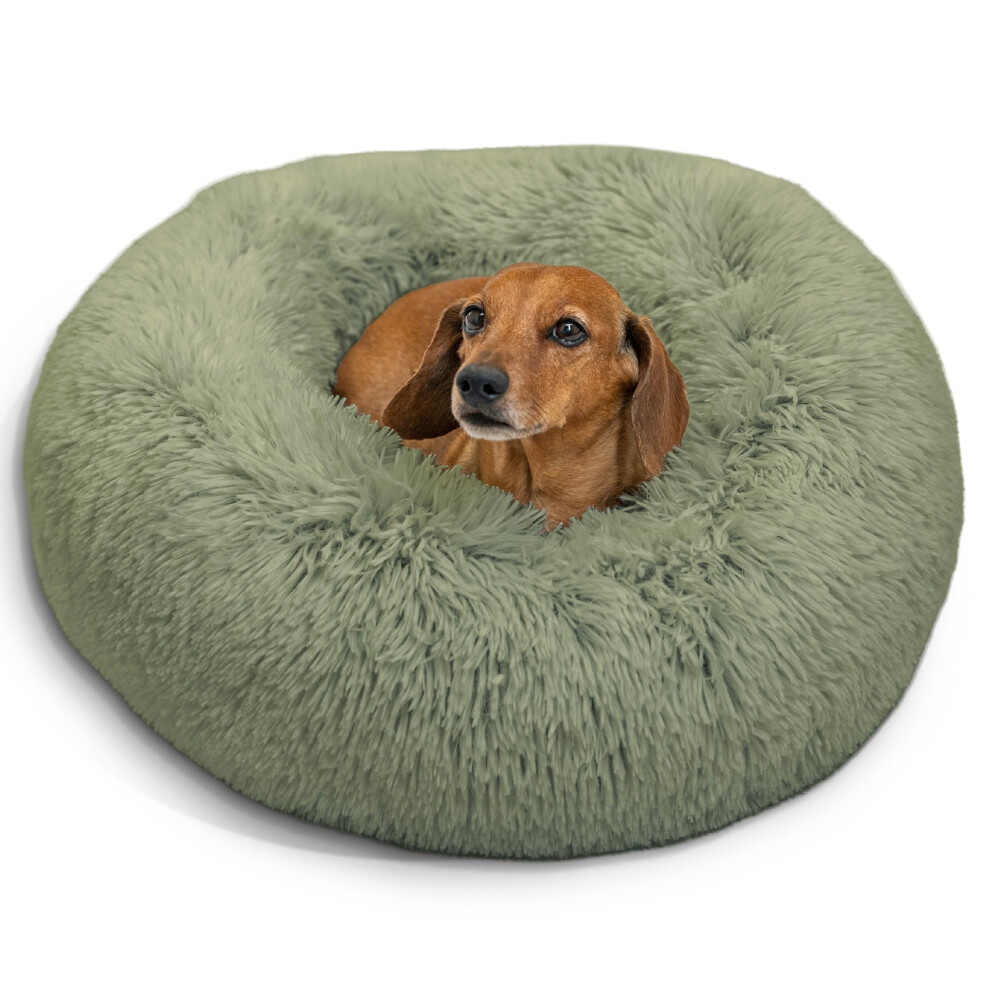 Best Friends by Sheri Original Calming Donut Dog and Cat Bed Shag Faux Fur Sage Green Small (23x23) - Helps Provide Anxiety Relief for Pets