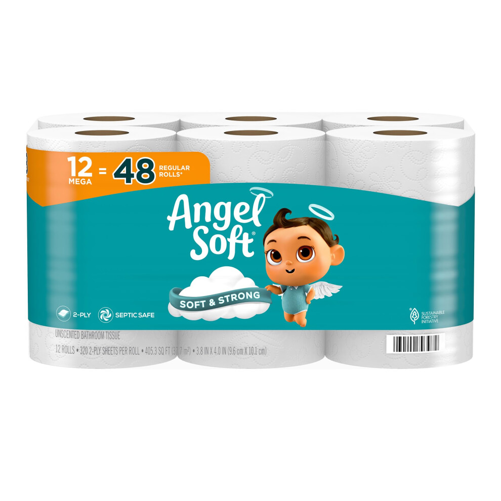 Angel Soft Toilet Paper 12 Mega Rolls = 48 Regular Rolls Soft And Strong Toilet Tissue