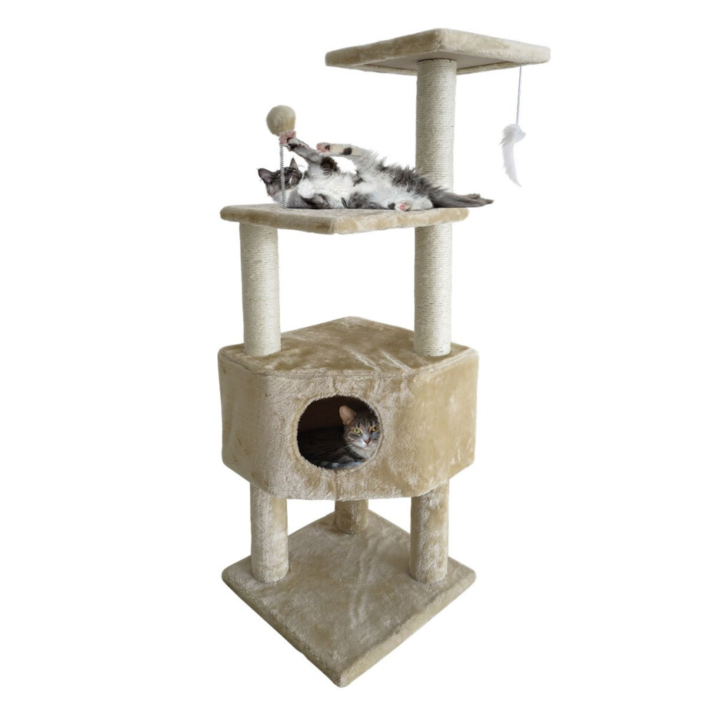 Furhaven Tiger Tough Cat Tree Soft Clubhouse Playground w/ Toys & Condo - Cream One Size