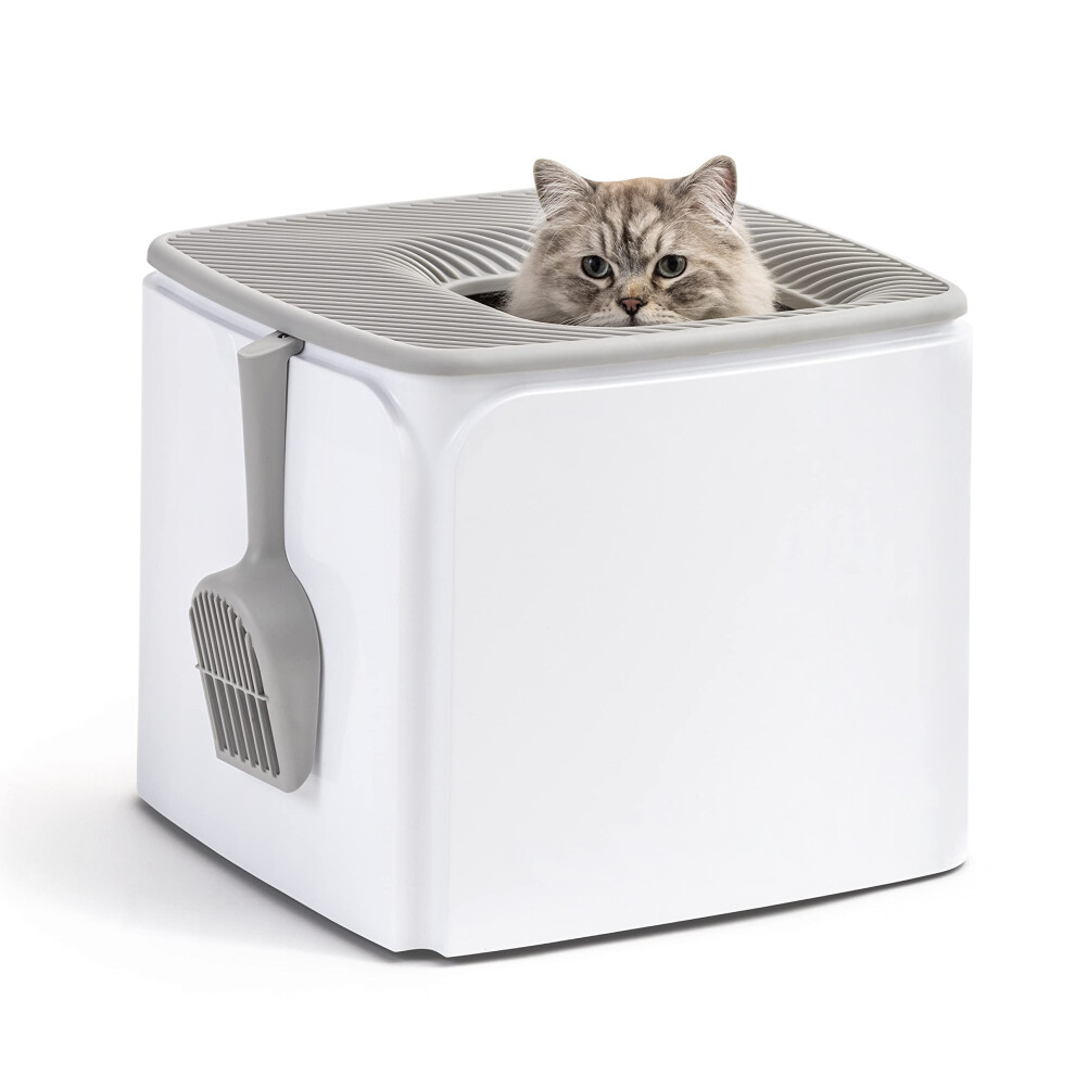 IRIS USA Premium Top Entry Cat Litter Box with Scoop Square Enclosure for Cat and Kitty White/Gray