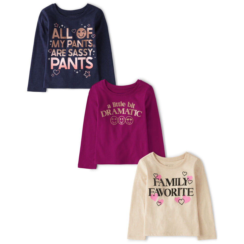 The Children's Place | Baby-Kleinkind M Dchen Langarm-T-Shirt Mit Grafik, 3Er-Pack, Etwas Dramatisch/Freche Hose/Familienliebling | 4T-image
