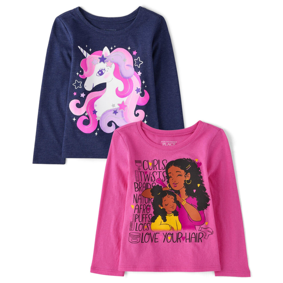 The Children's Place Baby-Meisjes En Peuters Diverse Alledaagse Grafische T-Shirts Met Lange Mouwen Multipacks Eenhoorn/Meisjeshaar 2-Pack 4T-image