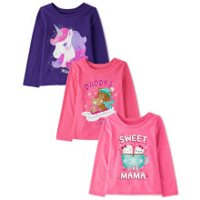 The Children's Place Baby-M   dchen Dino Langarm-T-Shirts mit Grafik, Einhorn/Papa, B   r/Mama, 3er-Pack