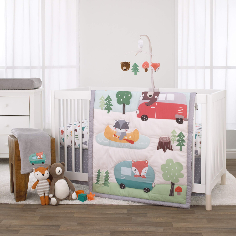 NoJo Little Love Retro Happy Camper Green Aqua and Grey 3 Piece Nursery Crib Bedding Set - Comforter Fitted Crib Sheet and Dust Ruffle