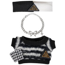 HDJY 17 cm und 10 cm Puppenkleidungsset: Schwarz-weiß gestreift, Cartoon-Tier-Thema, inklusive Pullover-Stirnband-Halskette