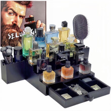 Wooden Cologne Organizer For Men 4 Tier Black | High Grade Velvet Lining and Stylish Gift Box | Double Side Compartment | Space Aid Cologne Holder | P