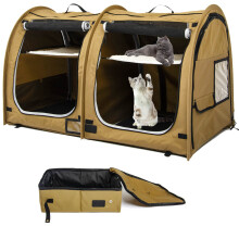 porayhut Mispace Portable Twin Compartment Show House Cat Cage/Condo - Easy to Fold & Carry Kennel - Comfy Puppy Home & Dog Travel Crate with Portable