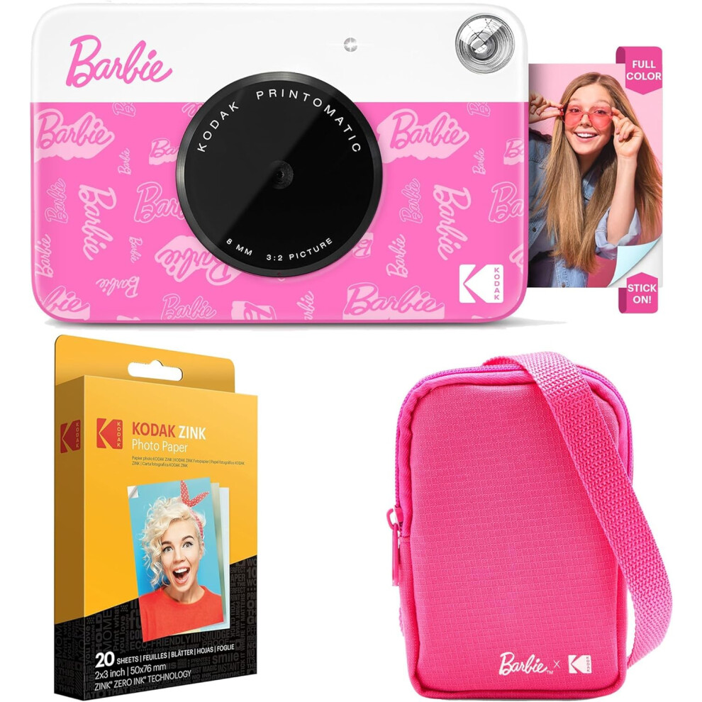 Kodak x Barbie Printomatic Full-Color Instant Print Digital Camera Barbie Starter Bundle (Signature Style)+ Barbie Deluxe Camera Case + Zink Paper (20
