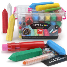Arteza Set Gessetti da Marciapiede per Bambini - 36 Pezzi Jumbo Lavabili con 4 Forme Divertenti Clip Guida al Gioco e Borsa per il Gioco all'Aper