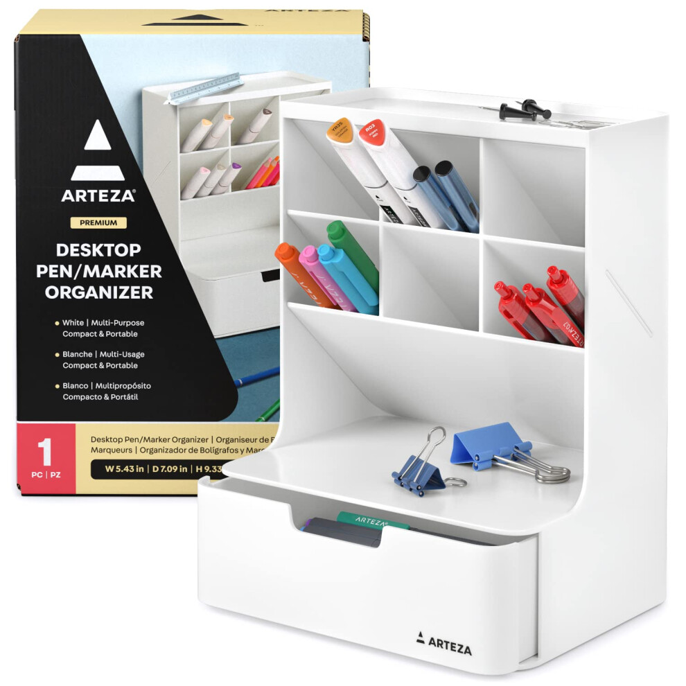 ARTEZA Desktop Pen and Marker Organizer  6-Compartment White Pen Holder for Desk with Stationery Drawer  Makeup Organizer-image-OPC-PHFKTSR-NEW