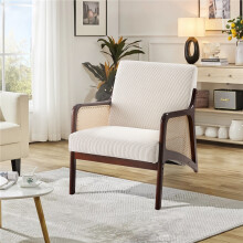 (Beige) Corduroy Armchair with Rattan Armrest