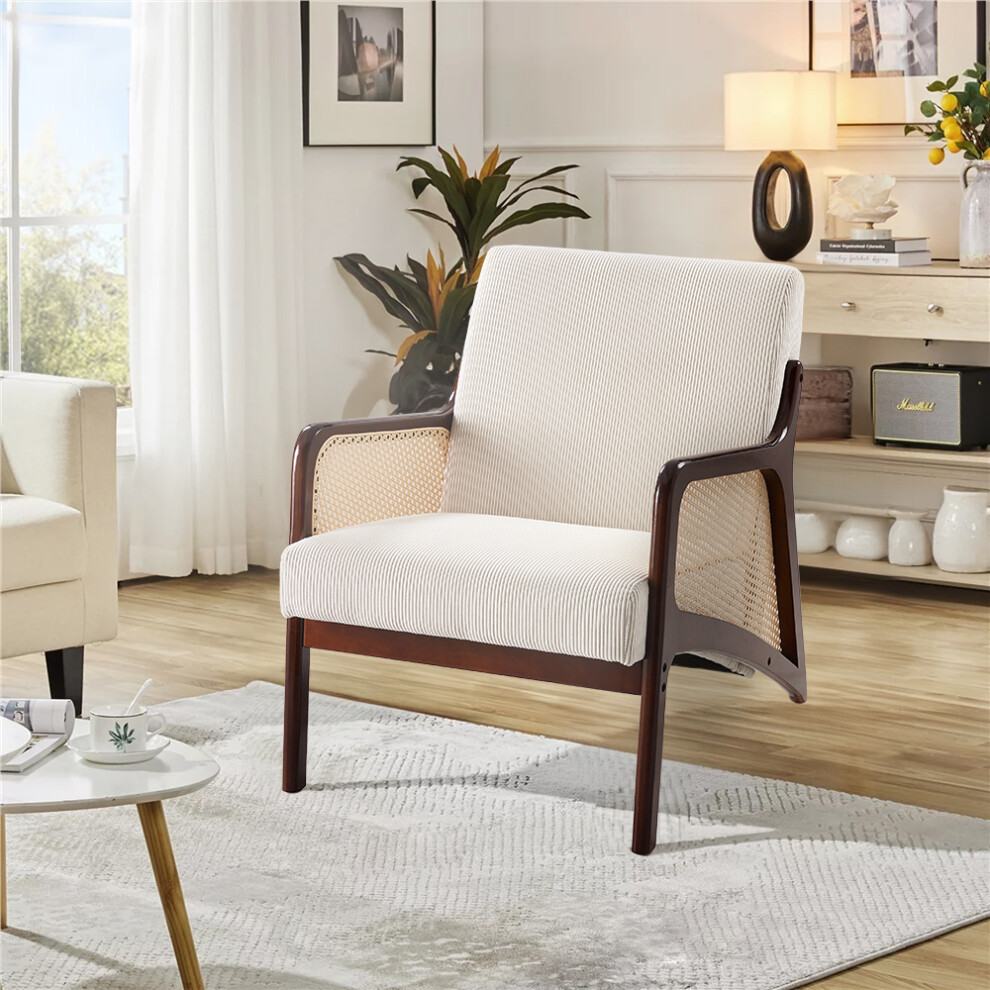 (Beige) Corduroy Armchair with Rattan Armrest