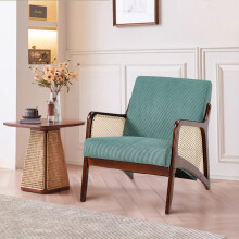 (Green) Corduroy Armchair with Rattan Armrest