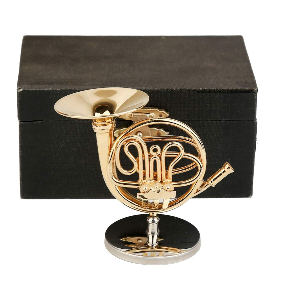Dselvgvu Miniature French Horn with Stand and Case Brass Mini Musical Instrument Replica Collectible Figurines Dollhouse Accessories Model Home Decora