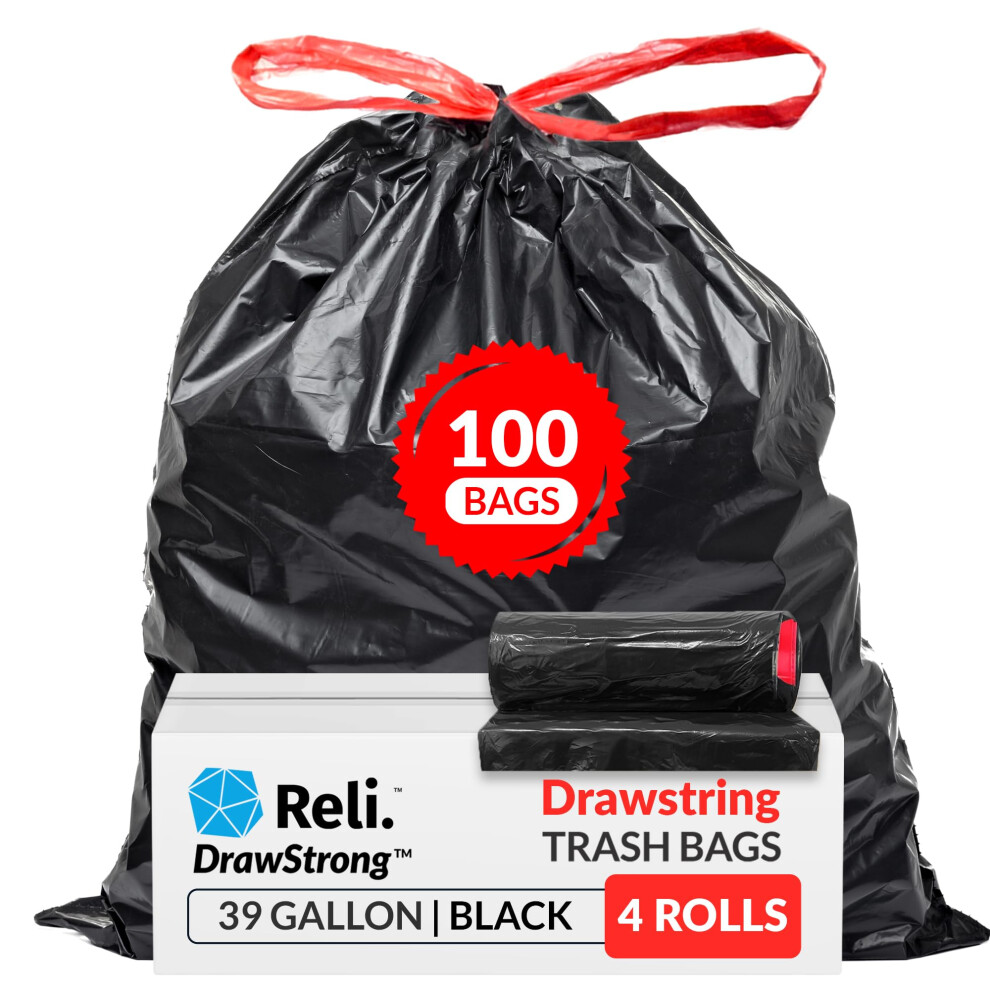 Reli. 39 Gallon Trash Bags Drawstring (100 Count) Large 39 Gallon Heavy Duty Drawstring Trash Bags Garbage 39Gal Capacity Lawn Leaf (39Gal Black)