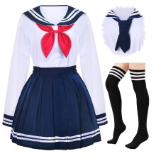 Uniforme escolar japons para meninas, saia plissada azul marinho, fantasia de cosplay de anime com conjunto de meias (SSF13) 4XL (etiqueta 5XL)