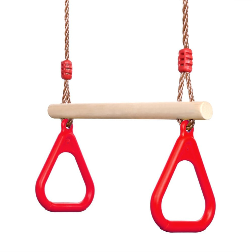 PELLOR Playground Children's Wooden Trapeze Swing Bar with Plastic Gym Rings Swing Set for Indoor & Outdoor Fun