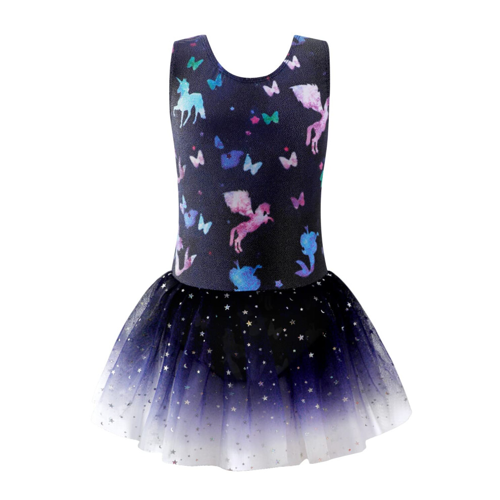 Eqsjiu Gymnastique justaucorps pour filles 7-8 Ballet Dance Robe Unicorn Mermaid Butterfly Cosmos Stars Bleu fonc