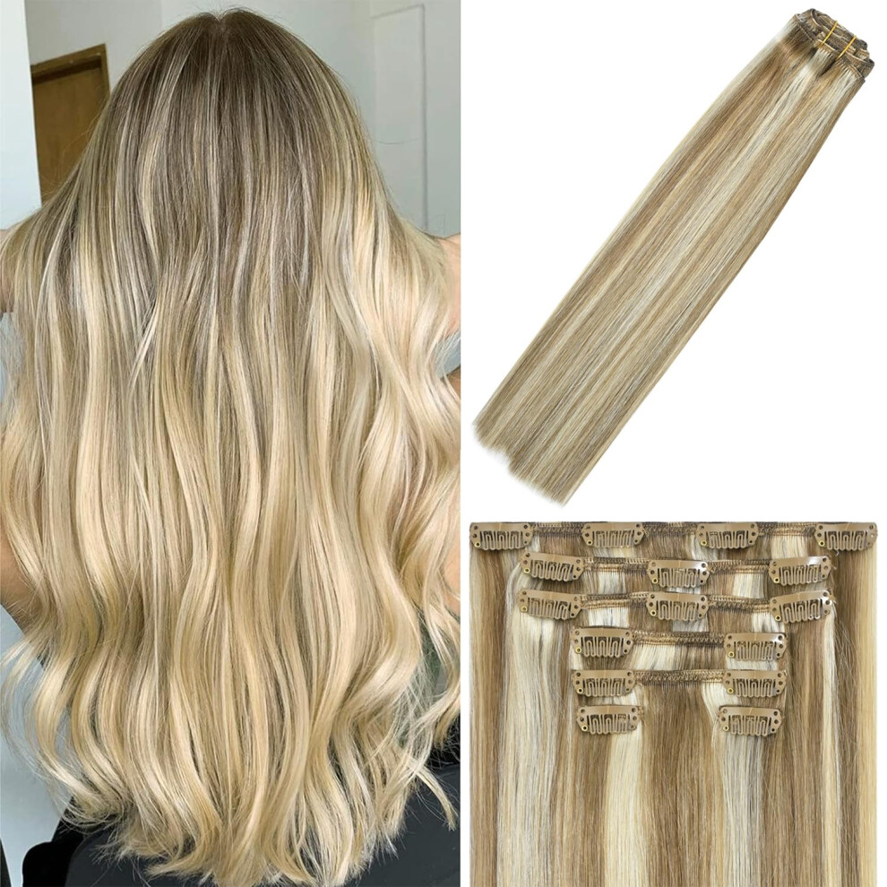 Windtouch Unisex Clip In Hair Extensions Human Hair Balayage Mixed Bleach Blonde 75G 22Inch #18P613 Remy Hair Extensions 7Pcs