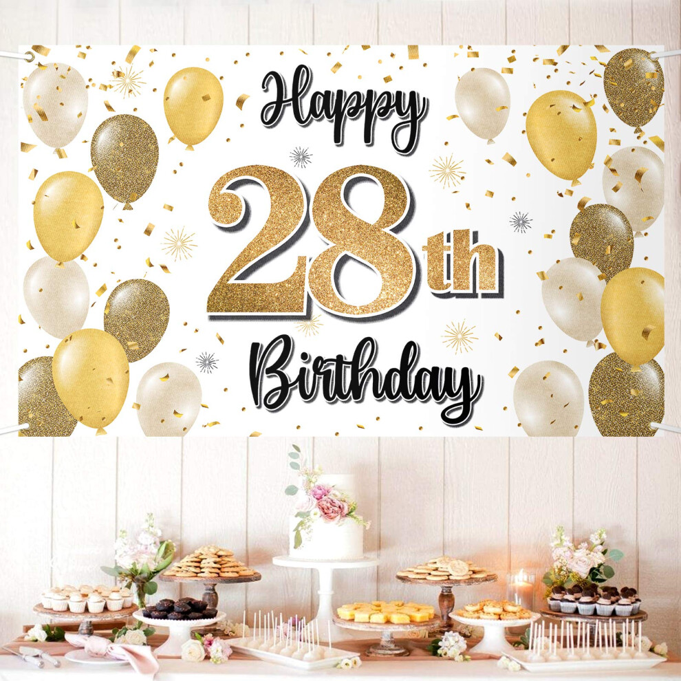 LASKYER Happy 28th Birthday Decorations 28th Gold Balloon Large Birthday Banner Backdrop Sign 28 Years Old Bday Party Supplies.-image-OPC-PHFM6TR-NEW